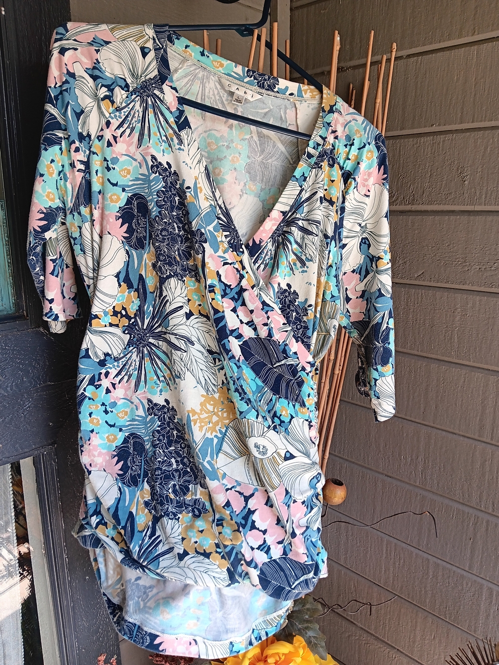 Cabi Floral Wrap-Front Women's Top in Blue Multi Size L